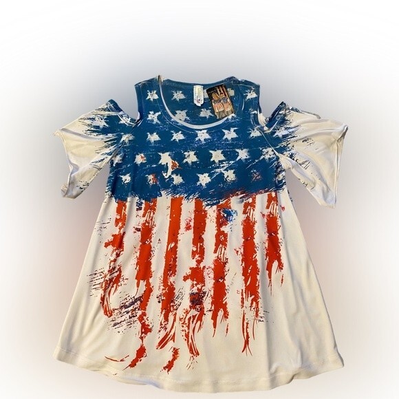 NWT women’s Liberty wear cold shoulder 4th of July Flag shirt made in USA size L - Picture 2 of 6